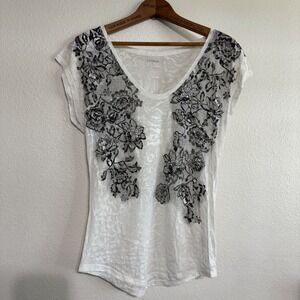 Express Sheer Tee Blouse Women's Small White Black Floral Sequin Cap Top Y2K